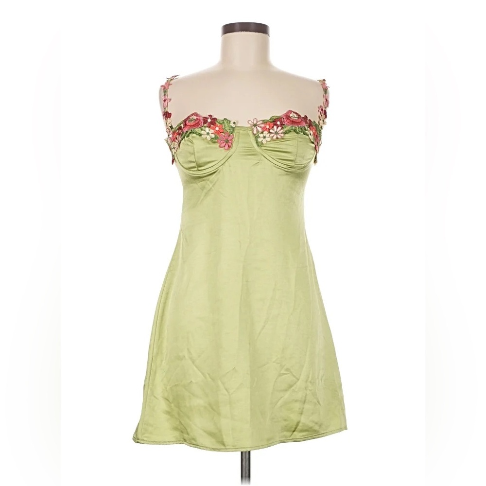 Green Satin Slip Dress with Floral Embroidered Bust